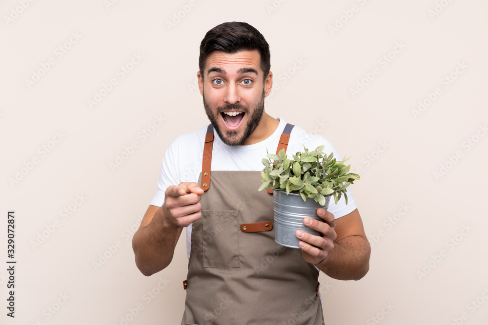 Gardener man holding a plant over isolated background points finger at you Gardener man holding a plant over isolated background points finger at you
