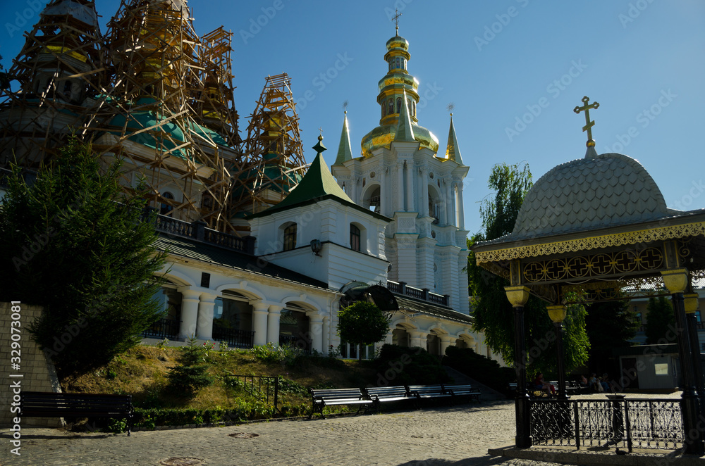 Complex Kiev-Pechersk Lavra in Kiev. The Old Lavra Garden. The Church of the Presentation. Temple of St. Anthony of Caves. Kiev, Ukraine, July 15, 2017