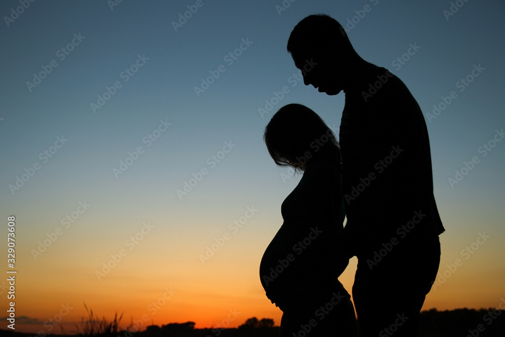 silhouette of a pregnant couple in love