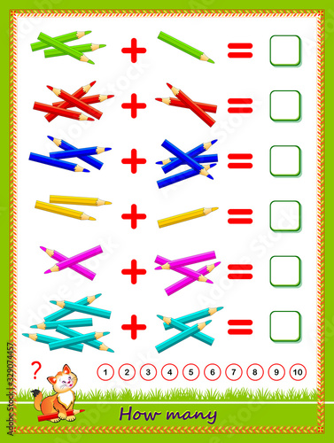 Educational page for little children on addition. Solve examples, count the quantity of pencils and write the numbers. Printable worksheet for kids math school textbook. Flat vector cartoon image.