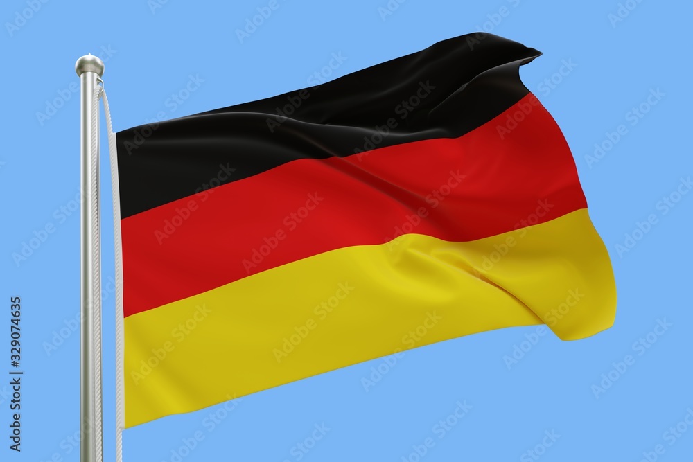 Flag of Germany On Flagpole Waving in the Wind. Isolated On Blue Sky Background. 3D Rendering. Flag of Germany On Flagpole Waving in the Wind. Isolated On Blue Sky Background. 3D Rendering.