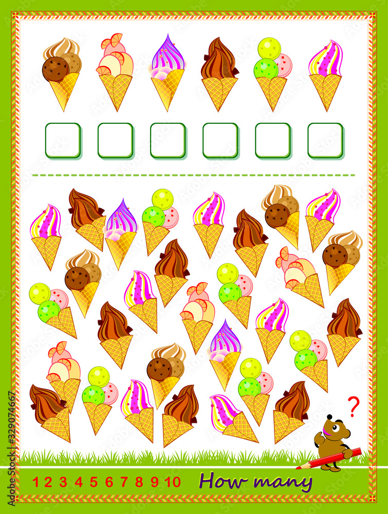 Math education for children. Count quantity of ice creams and write ...