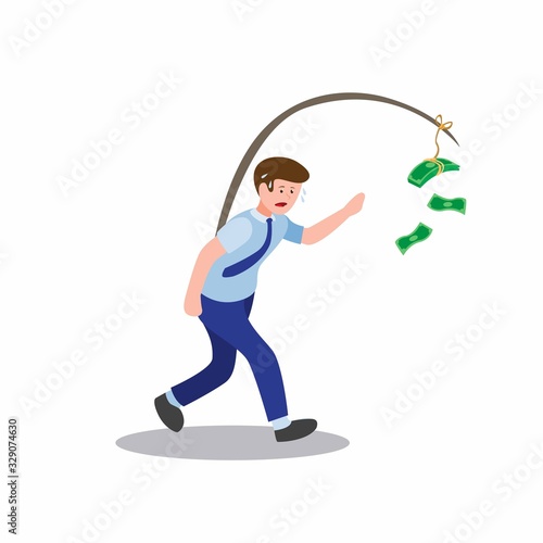 tired worker chasing money, greedy business man in cartoon flat illustration vector isolated in white background