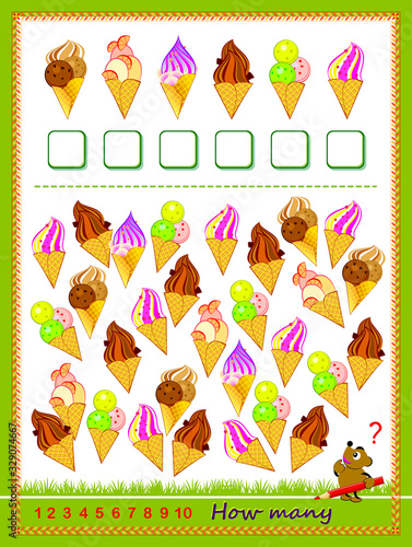 Math education for children. Count quantity of ice creams and write numbers. Developing counting skills. Printable worksheet for kids textbook. Logic puzzle game. IQ test. Flat vector cartoon image.