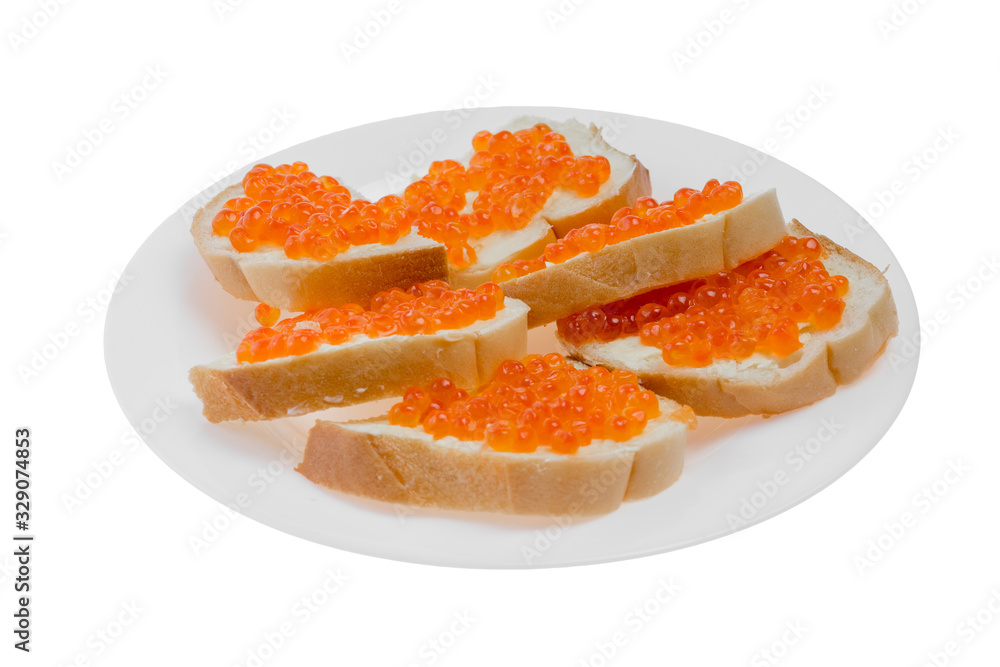 Delicious white bread sandwiches with red caviar on glass plate. Gourmet snack. Healthy seafood. expensive delicacy. Exquisite luxury food isolated on white background Delicious white bread sandwiches with red caviar on glass plate. Gourmet snack. Healthy seafood. expensive delicacy. Exquisite luxury food isolated on white background