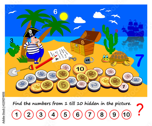 Math education for children. Logic puzzle game. Find the numbers from 1 till 10 hidden in picture. Developing counting skills. Printable worksheet for kids. Illustration of pirate on treasure island.