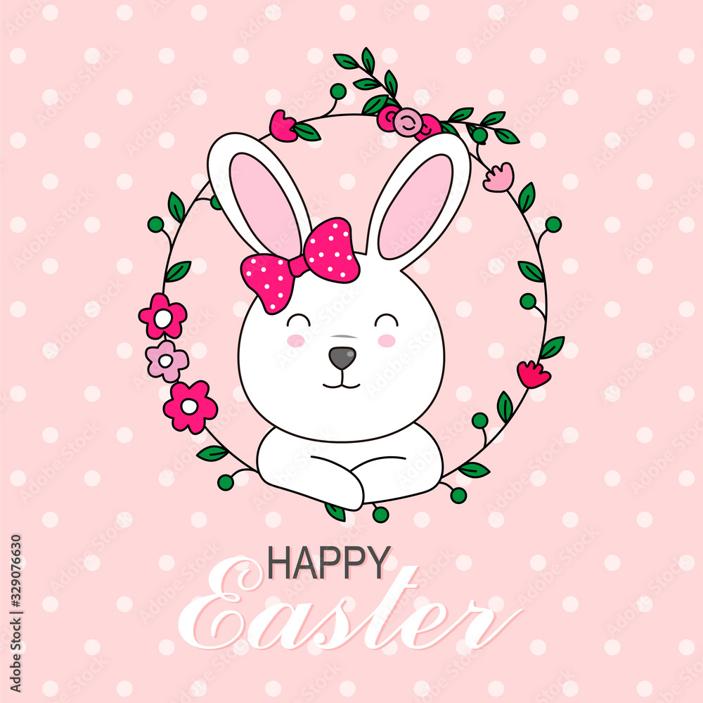 Happy Easter card. Rabbit inside flowers frame Happy Easter card. Rabbit inside flowers frame