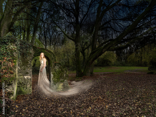 photo montage of the appearance of a fairy or eleven in a wooded area with threatening air and surroundings