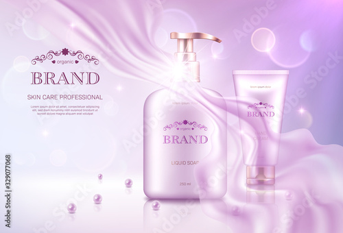 Liquid soap dispenser and hand cream tube with golden lids on pink bokeh background with transparent chiffon fabric. Advertising poster for the promotion of cosmetic skin care premium product