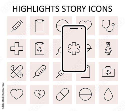 Set of Medicine vector line icons. It contains the first aid kit, nurse, syringe, thermometer, plastic, pills, heart, drop of blood, palpitation and much more. Editable Stroke. 32x32 pixels.