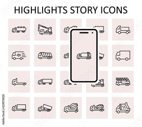 Truck Set of Transport Vector Line Icons. Contains such Icons as Truck, Transportation, Tow Truck, Cranes, Mixer, Garbage Truck, Manipulators, Delivery service and more. Editable Stroke. 32x32 Pixels