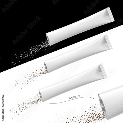 Torn realistic stick pack with product on black and background. Possibility use for sugar, granulated, powder products. Vector illustration. EPS10.	
