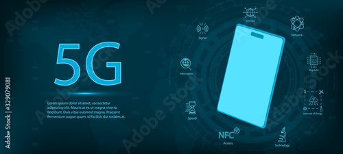 5G banner with icons and keywords icons. The fifth innovative generation of global high-speed Internet. Vector image 5G Internet, Wi-Fi connection with a smartphone in isometric. 5G new wireless inter
