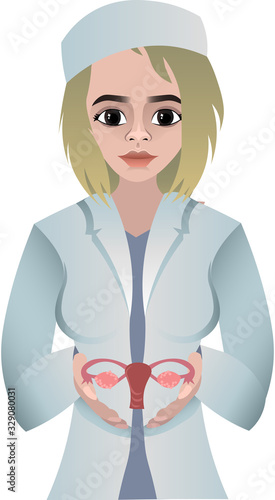 The doctor holds the uterus and ovaries. Gynecology and venereology. Diseases of the female reproductive system. Health and beauty.
