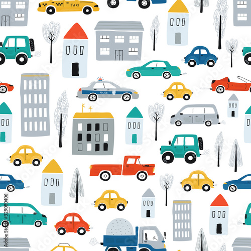 Cute children's seamless pattern with cars, road, houses on a white background. Illustration of a town in a cartoon style for Wallpaper, fabric, and textile design. Vector