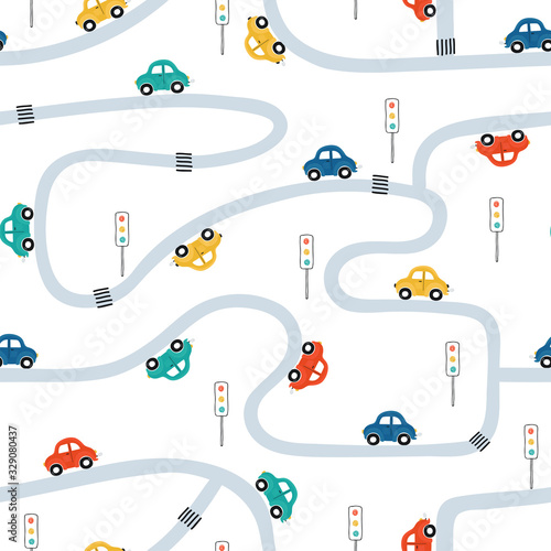 Tapety Transport  cute-children-s-seamless-pattern-with-mini-cars-on-a-white-background-illustration-of-a-town-in-a-cartoon-style-for-wallpaper-fabric-and-textile-design-vector