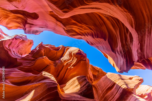 View to spectacular sandstone walls of lower Antelope Canyon in Arizona photo