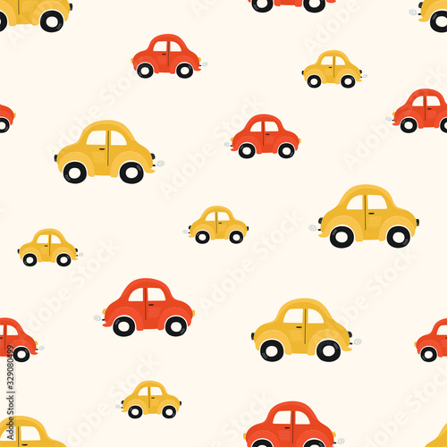 Cute children's seamless pattern with red and yellow small cars on a light background. Illustration of a automobils in a cartoon style for Wallpaper, fabric, and textile design. Vector photo