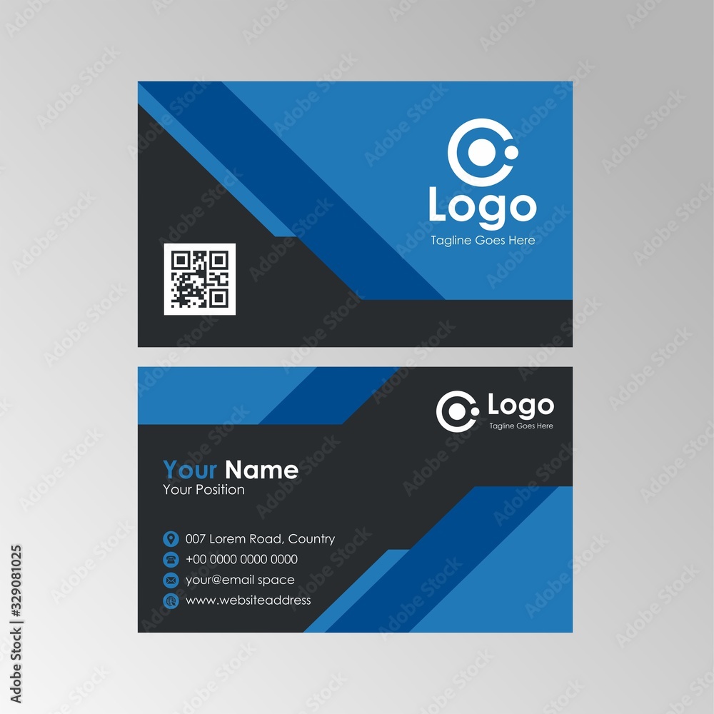 Obraz premium Simple abstract geometric business card with Blue and Black color design, professional name card template vector