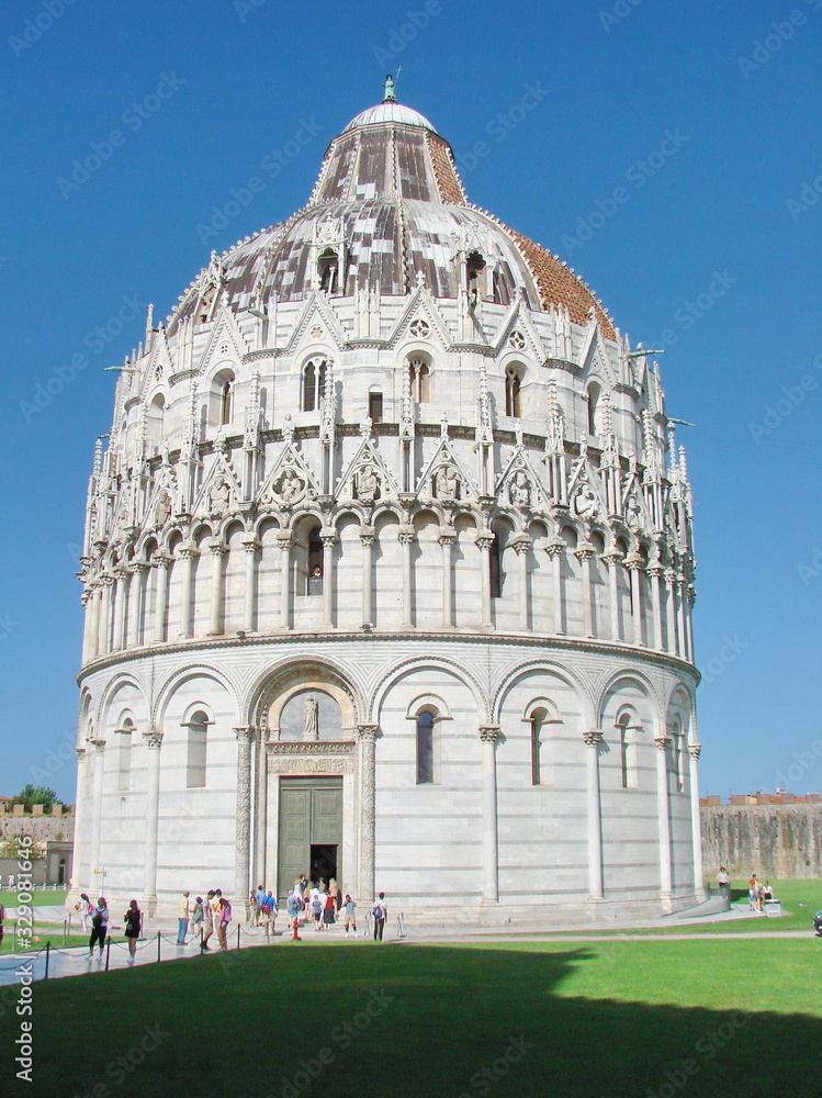 Bottom view of the architectural grandeur and masterpiece of the famous Leaning Tower of Pisa.