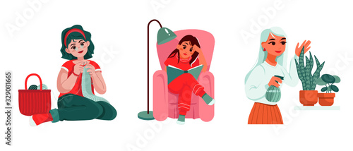 Set of girls engaged in their hobbies. Knitting, reading, taking care of home plants