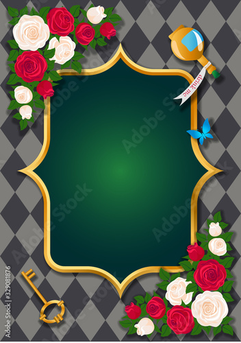 Red roses and white roses, a clock and a key, a white rabbit, a potion, a Cup of tea and butterflies. Background of Wonderland. Rose flower frame and gold keyhole. vector illustration