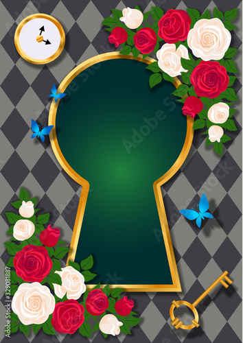 Red roses and white roses, and butterflies. Background of Wonderland. Rose flower frame and gold keyhole. vector illustration