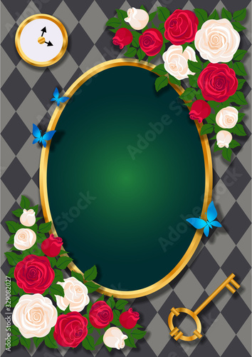 Red roses and white roses, a clock and a key, a white rabbit, a potion, a Cup of tea and butterflies. Background of Wonderland. Rose flower frame and gold keyhole. vector illustration