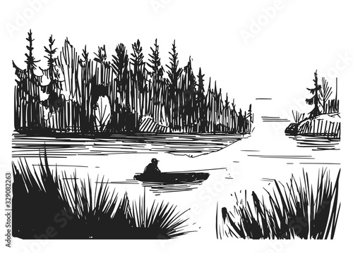 Sketch of a fisherman on a lake. Hand drawn illustration converted to vector. Black on transparent background