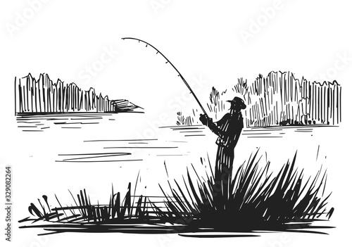 Sketch of a fisherman on a lake. Hand drawn illustration converted to vector. Black on transparent background