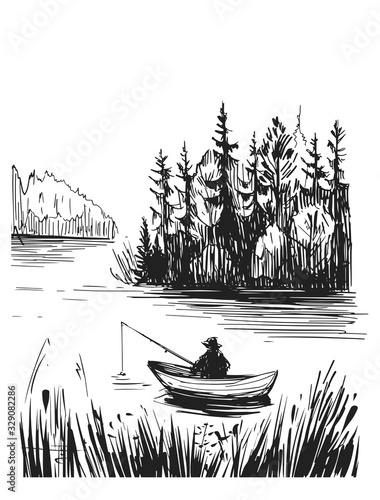 Sketch of a fisherman on a lake. Hand drawn illustration converted to vector. Black on transparent background