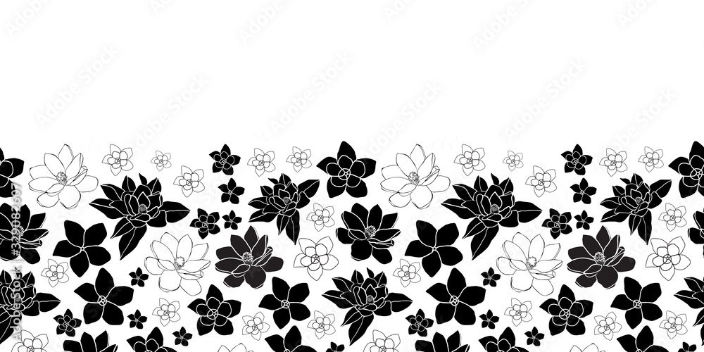 Plumeria and Magnolia Border -Flowers in Bloom seamless repeat pattern Background in Black and White. Delicate Pattern Background. Surface pattern Design, Perfect for Fabric, Scrapbook, wallpaper. Plumeria and Magnolia Border -Flowers in Bloom seamless repeat pattern Background in Black and White. Delicate Pattern Background. Surface pattern Design, Perfect for Fabric, Scrapbook, wallpaper.
