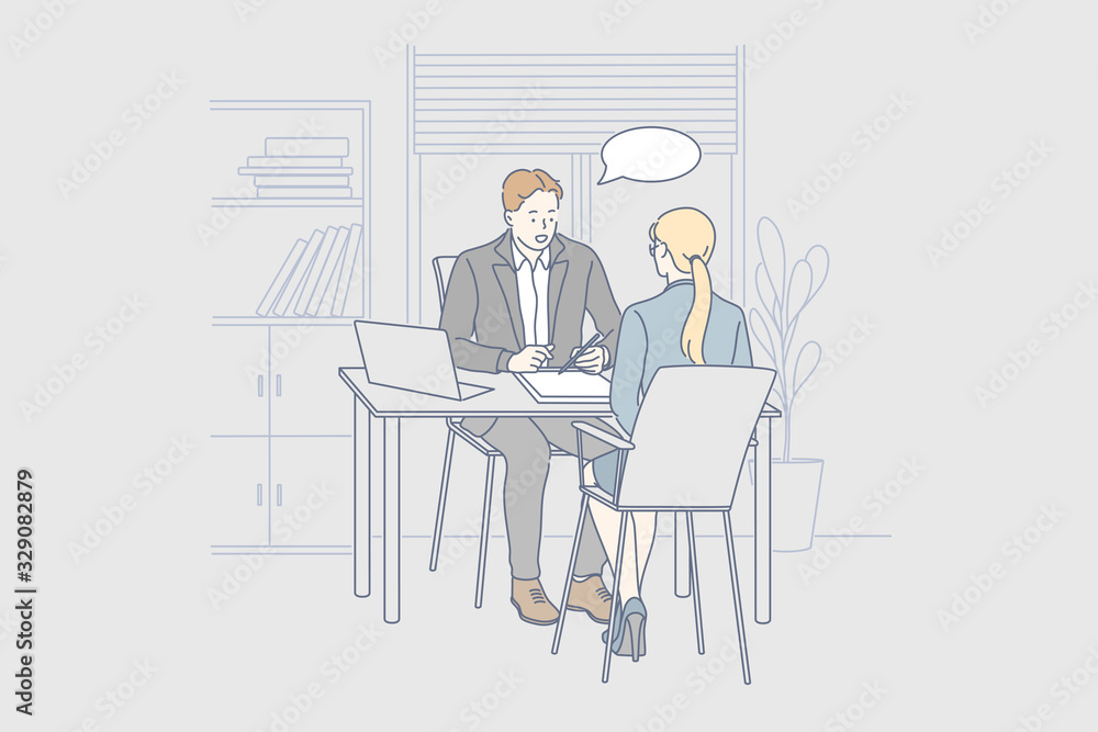 Job interview, communication, service, hr, business concept. Business people, businessman woman employer employee clerk hr manager company workers in office together. Hiring process. Customer service. Job interview, communication, service, hr, business concept. Business people, businessman woman employer employee clerk hr manager company workers in office together. Hiring process. Customer service.