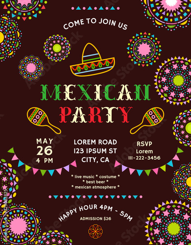 Mexican party announcing poster template with decorative elements.