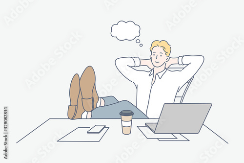 Break, rest, dream, business concept. Young happy confident business man, leader, boss, teacher, lawyer, manager dreaming in office. Recreation after work process. Simple flat vector illustration.