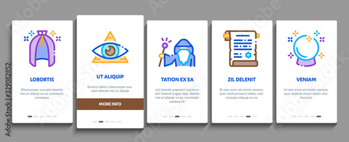 Wizard Magic Onboarding Mobile App Page Screen Vector. Wizard Wand And Hat, Sphere And Knife, Book And Ring, All-seeing Eye And Doll Concept Linear Pictograms. Color Contour Illustrations