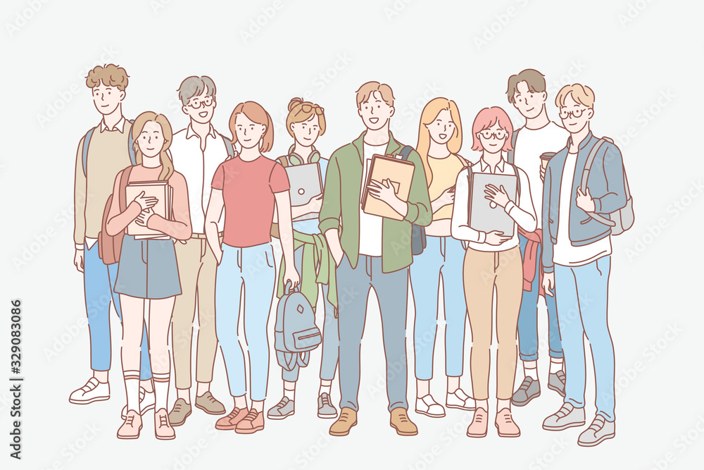 Naklejka premium Student, education, study, college set concept. Group of young men, women students friends teenagers together. University and college life. Education, learning, study process. Simple flat vector