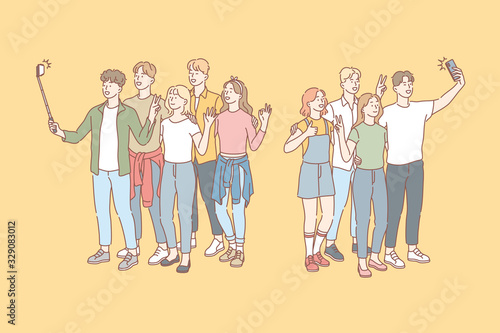 Selfie, social media, friendship, blogging concept. Group of young people students pupils teenagers friends men and women, boys and girls taking selfie for social media on mobile phones. Simple vector