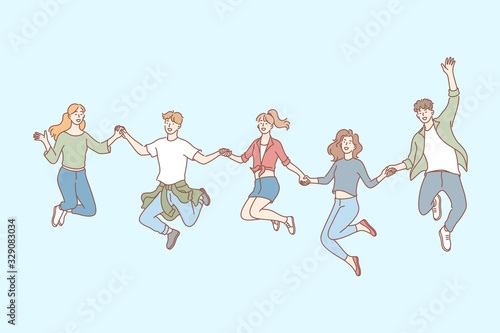 Jumping people, friendship, leisure set concept. Young jumping happy people, men and women, boys and girls, teenagers students together holding hands. Happiness and joy lifestyle. Simple flat vector