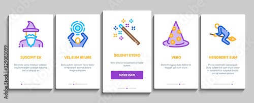 Wizard Magic Onboarding Mobile App Page Screen Vector. Wizard Wand And Hat, Sphere And Knife, Book And Ring, All-seeing Eye And Doll Concept Linear Pictograms. Color Contour Illustrations