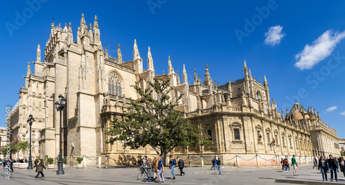 Panoramic view of monumental cathedral of Seville, Spain.