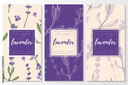 Vector set of lavender natural cosmetic vertical banners on a seamless pattern.