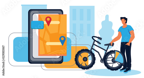 Bike sharing and bicycle rental concept with man character using ecological friendly vehicle for moving in city. Urban public transportation mobile application. Flat vector illustration isolated.