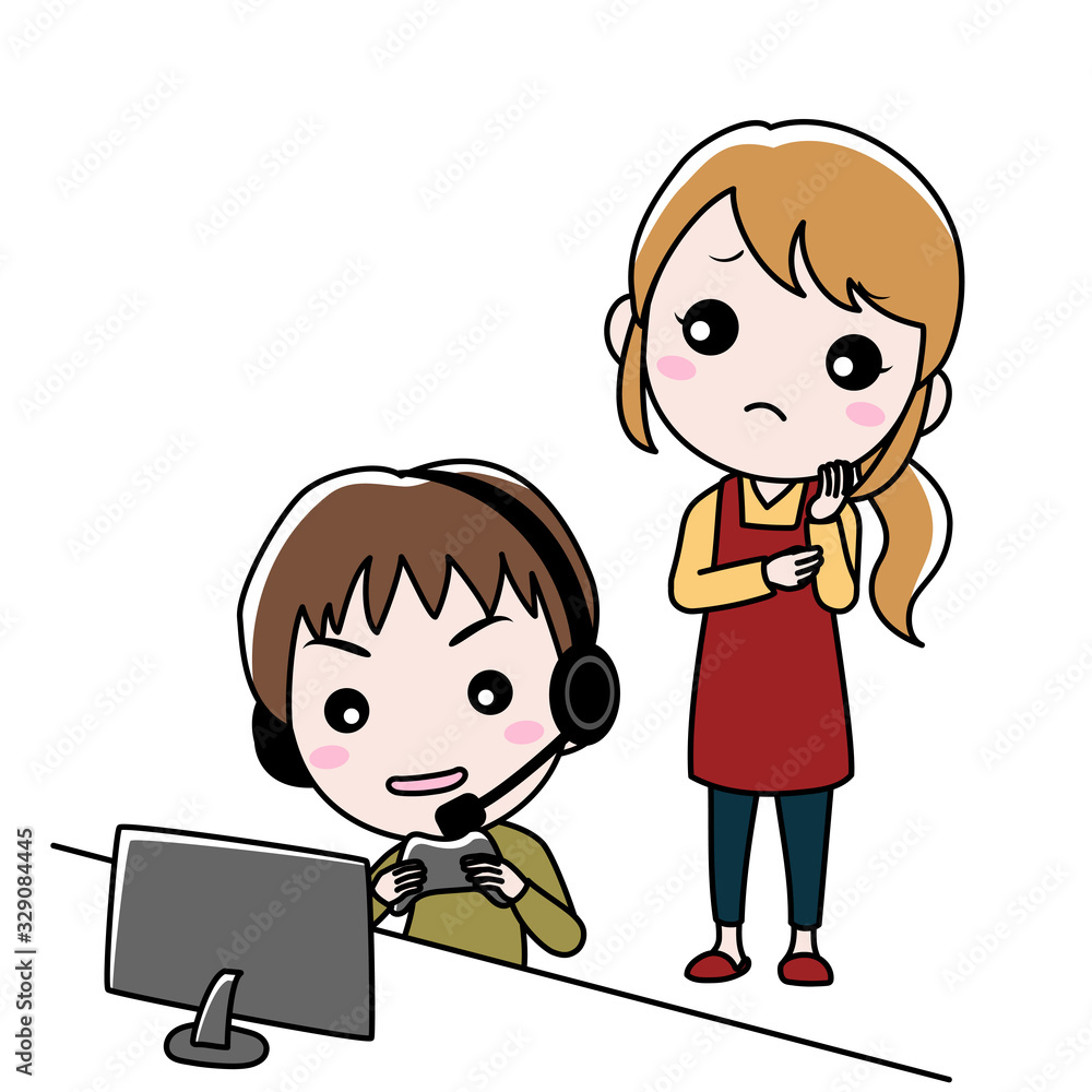 ゲームをする男の子と心配する母親 ゲームをする男の子と心配する母親