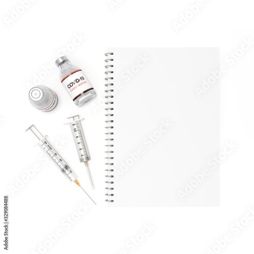 Vaccine and syringe injection for prevention,immunization from corona virus infection (novel coronavirus disease 2019,COVID-19,nCoV 2019 from Wuhan). Health care and Medicine infectious. 3d rendering.