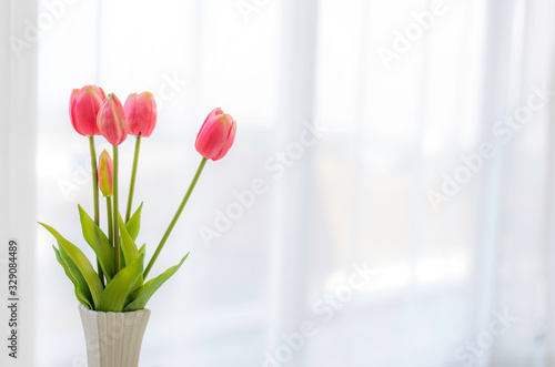 beautiful fake pink tulips in white vase in bed room with soft sun light and white curtains copy space.