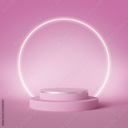3d render. Modern minimal showcase mockup. Abstract pink background. Fashion concept. Glowing neon light ring over empty podium stage  vacant cylinder pedestal steps. Blank round frame with copy space