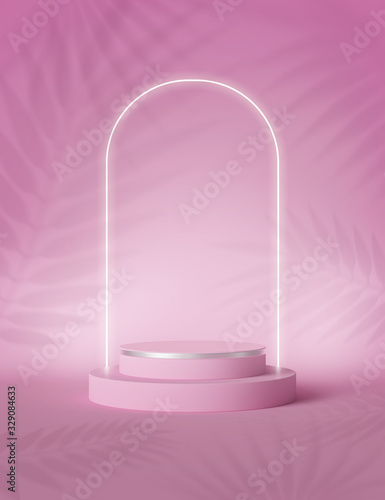 3d render, abstract palm leaves shadows over pink background with copy space for product displaying. Glowing neon arch over empty podium, pedestal, round stage platform. Modern minimal fashion concept © NeoLeo