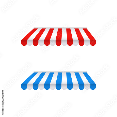 Colored awnings isolated on white background. Striped red-white and blue-white sunshade for shops, architectures, cafes and street restaurants. Outside canopy, tent, roof, from the sun, rain. Vector.