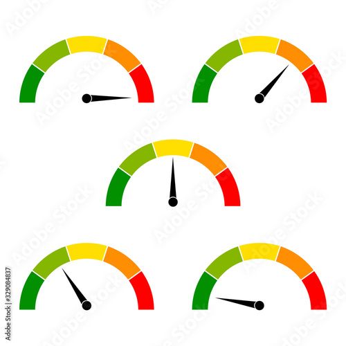 Speedometer icon with arrow. Dashboard with green, yellow, red indicators. Gauge elements of tachometer. Low, medium, high and risk levels. Scale score of speed, performance and rating power. Vector.